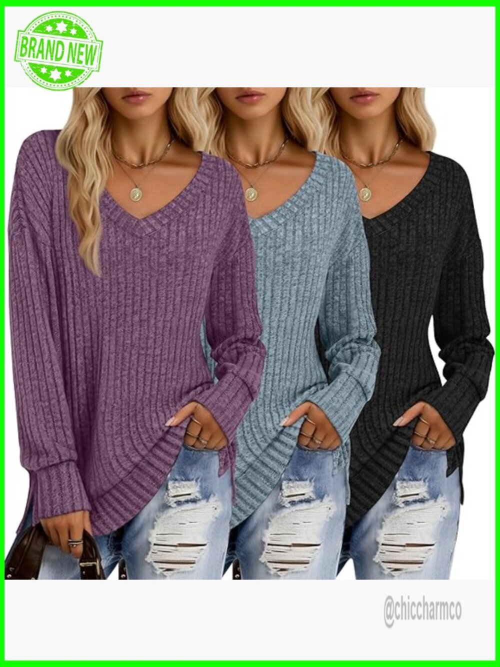 3 Pack Ribbed V Neck Long Sleeve Lightweight Sweaters Tunics